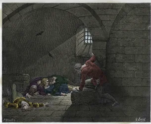 Inferno, Gesang 33: Ugolino in der Zelle mit seinen vier toten Söhnen (Illustration aus Die Göttliche Komödie von Dante Alighieri, 1885)